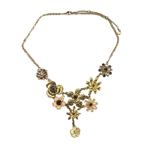 Liz Claiborne Bib Necklace Gold Tone Flowers Statement Adjustable Length - Picture 2 of 3